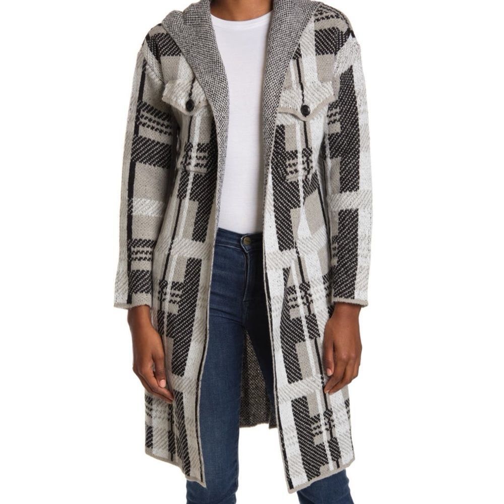 BY DESIGN Plaid Hooded Sweater Jacket.Color:Jamey Med HTHR Grey.New with…